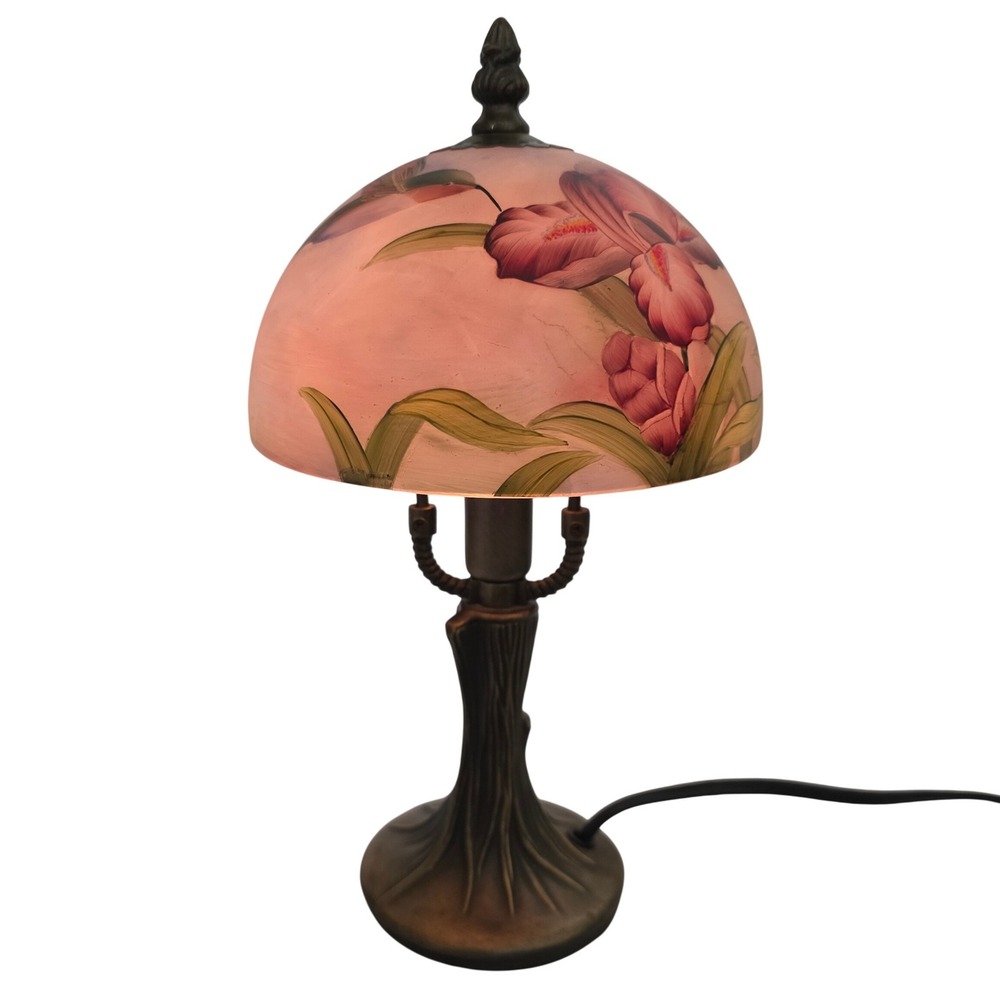 VTG Hand Painted Glass Hummingbird Iris Budoir Accent Lamp Brass Tree Trunk Base